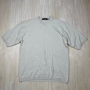 Bachrach Beige Short Sleeve V-Neck Textured Knit Lightweight Sweater Large